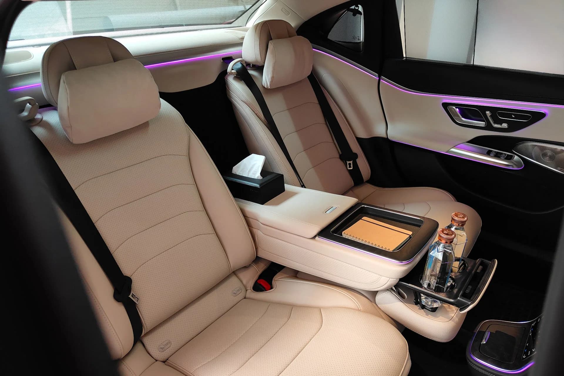 Premium limousine rental Bangalore — Mercedes E-Class luxury rear seat interior